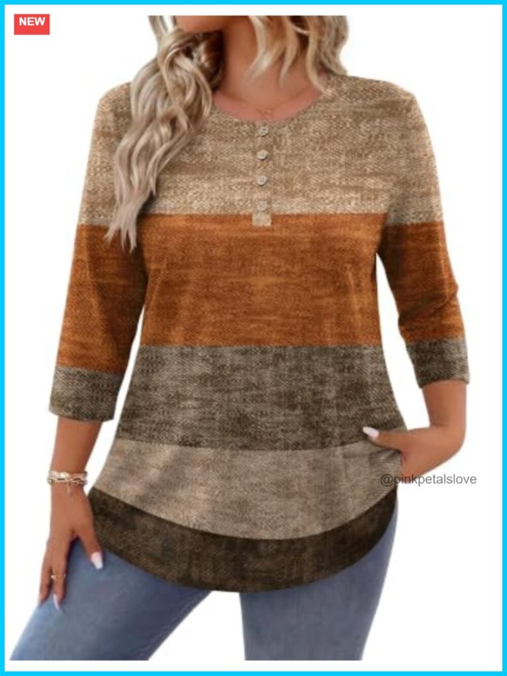 Plus Size 3/4 Sleeve Tunic Top Crew Neck Button Down Blouse